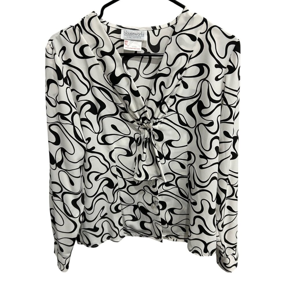 Blouseworks Black White Abstract Print Blouse Front Tie Detail Top Size Medium